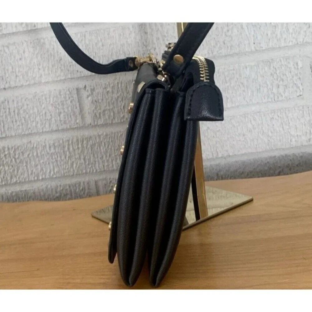 Mark & Hall Fold Over Black Faux Leather Crossbody Flap Bag Gold Rock Stud EUC
